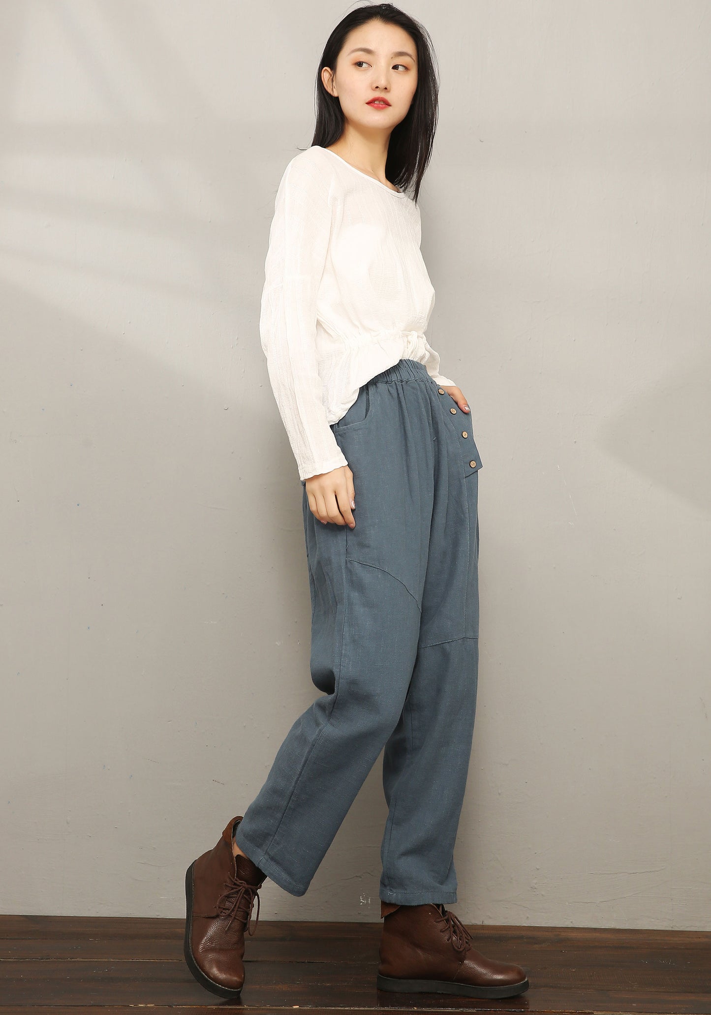Casual Elastic Waist Cropped Linen Pants C1969