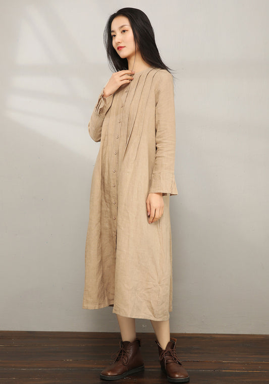 Beige Linen Cotton Midi Shirt Dress - Loose Fit, Side Pockets C197202