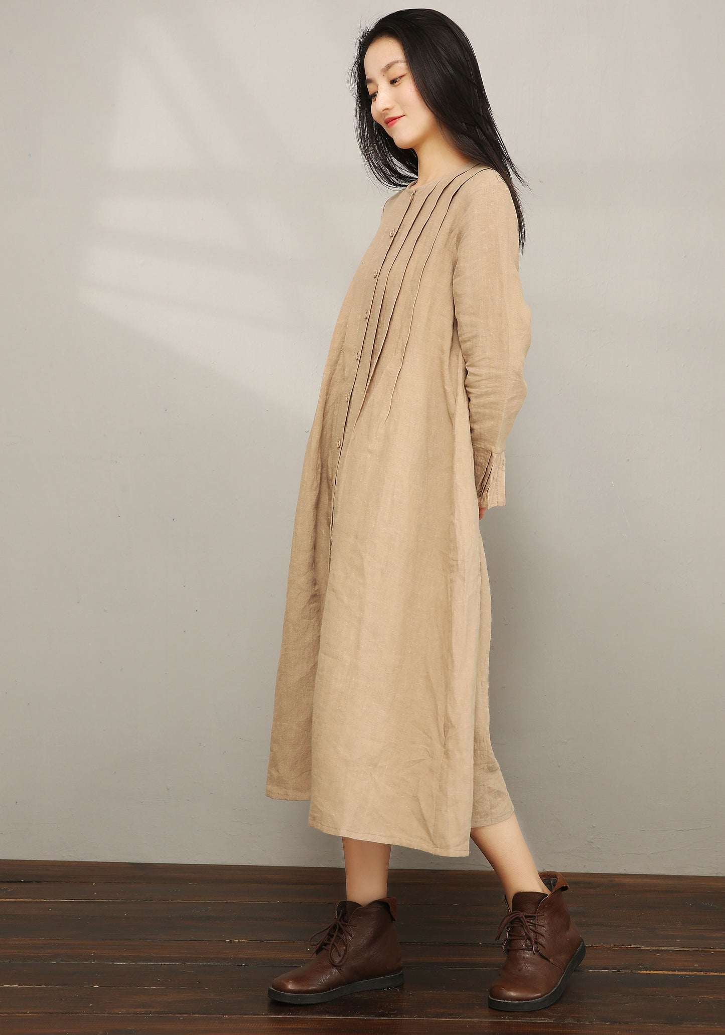 Beige Linen Cotton Midi Shirt Dress - Loose Fit, Side Pockets C197202