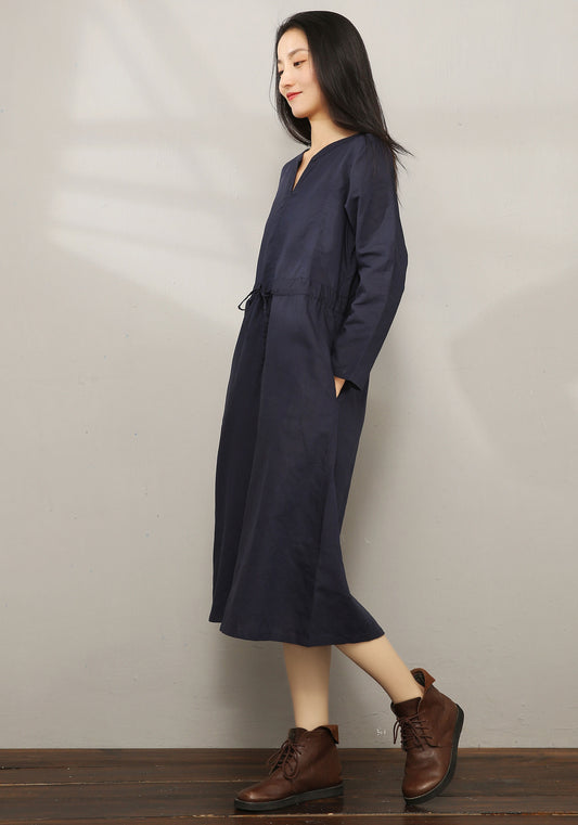 Navy Linen Cotton Midi Dress - V-Neck Split Collar, Loose Fit C1975