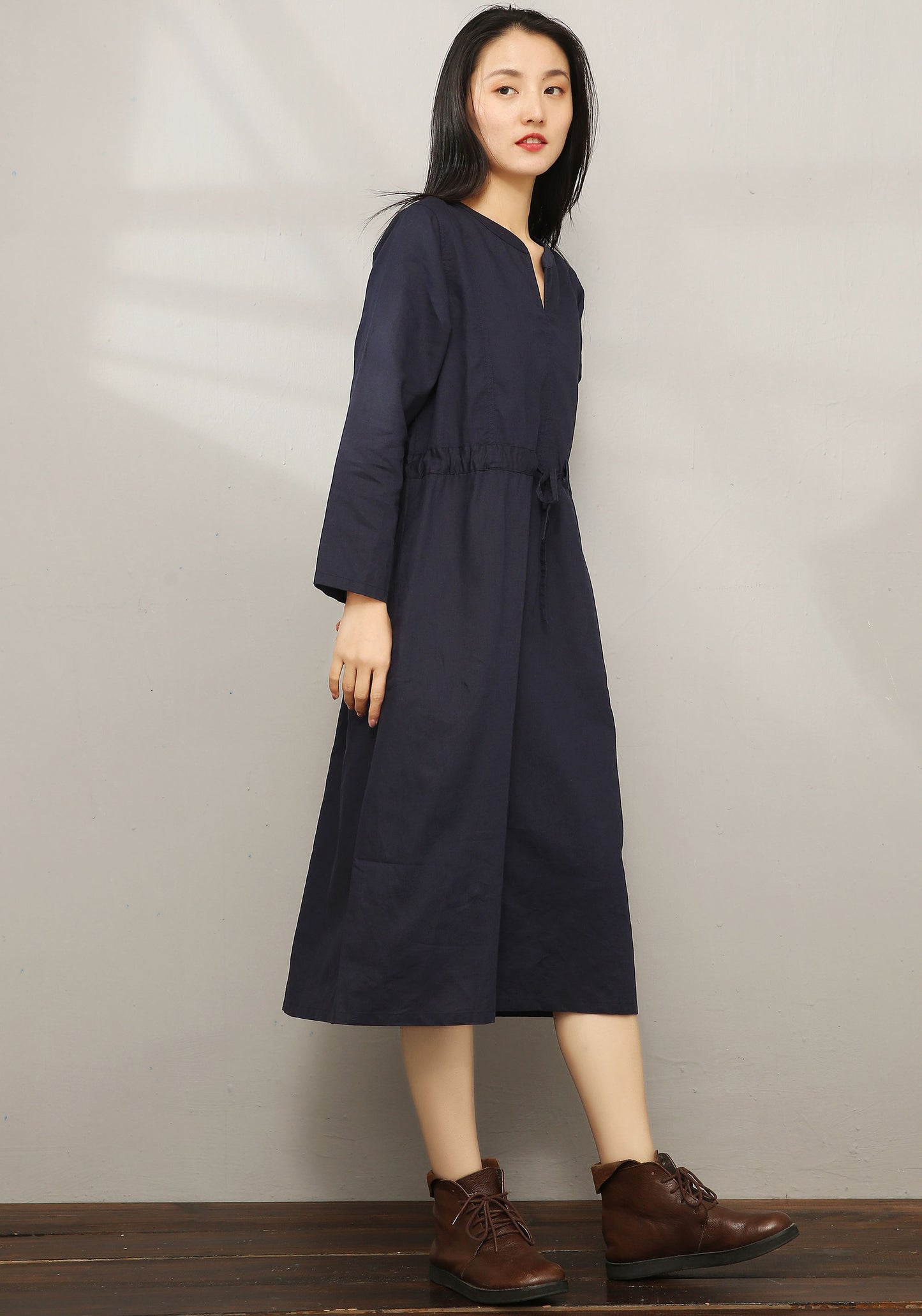 Casual Midi V-neck Shirt Dress C1975