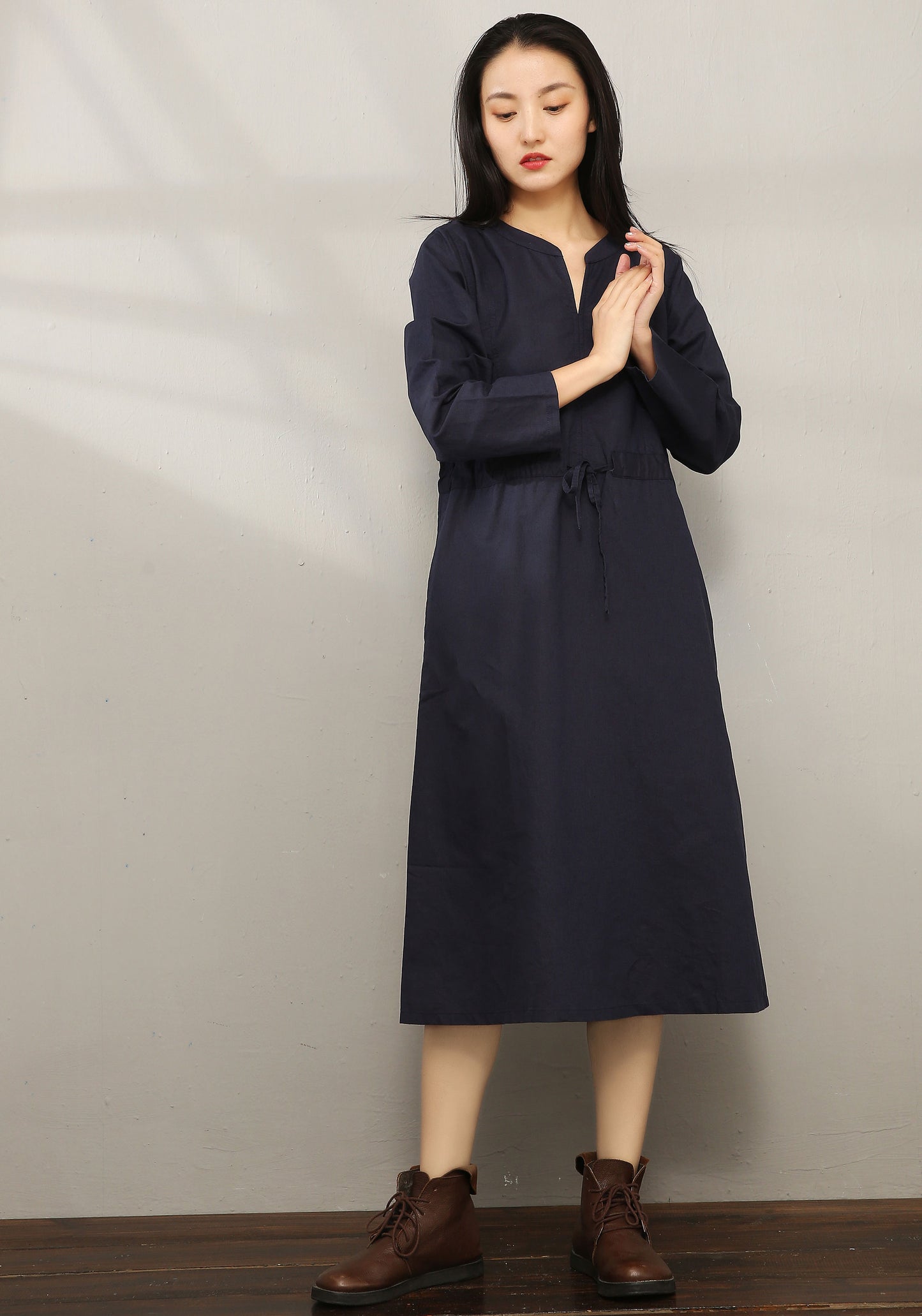 Casual Midi V-neck Shirt Dress C1975