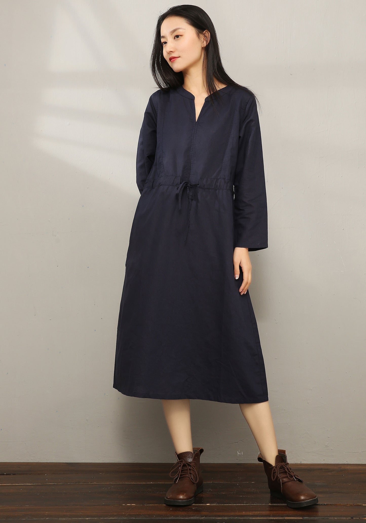 Casual Midi V-neck Shirt Dress C1975
