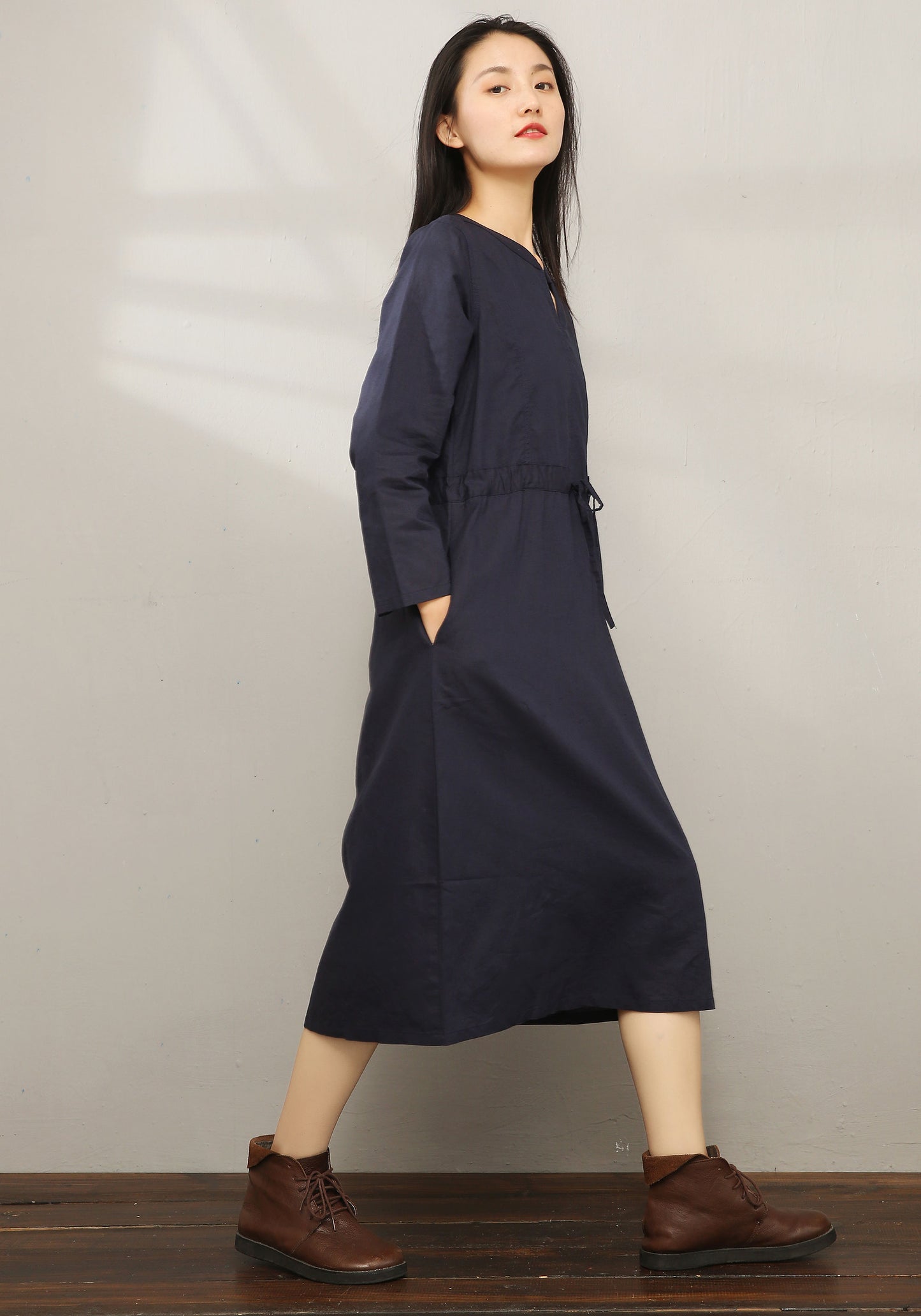 Casual Midi V-neck Shirt Dress C1975