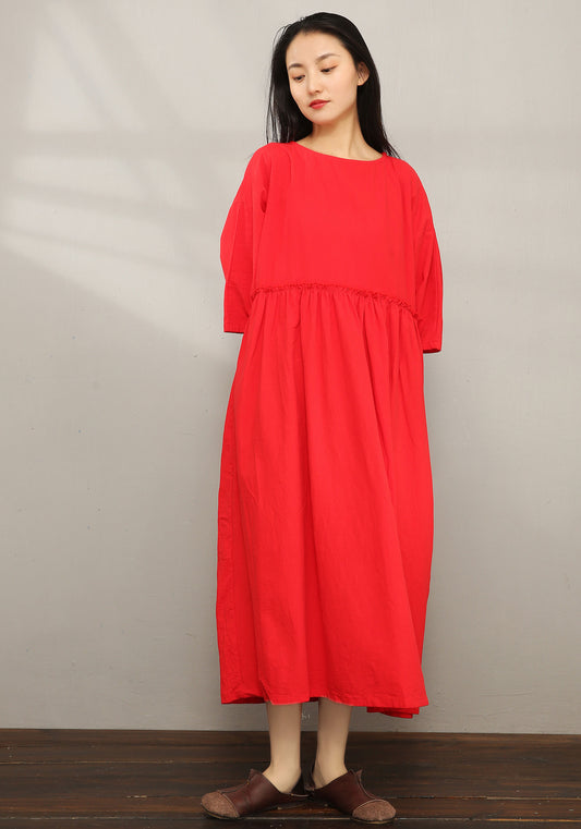 Red Cotton Linen Maxi Dress - Loose Fit, Round Neck C1976