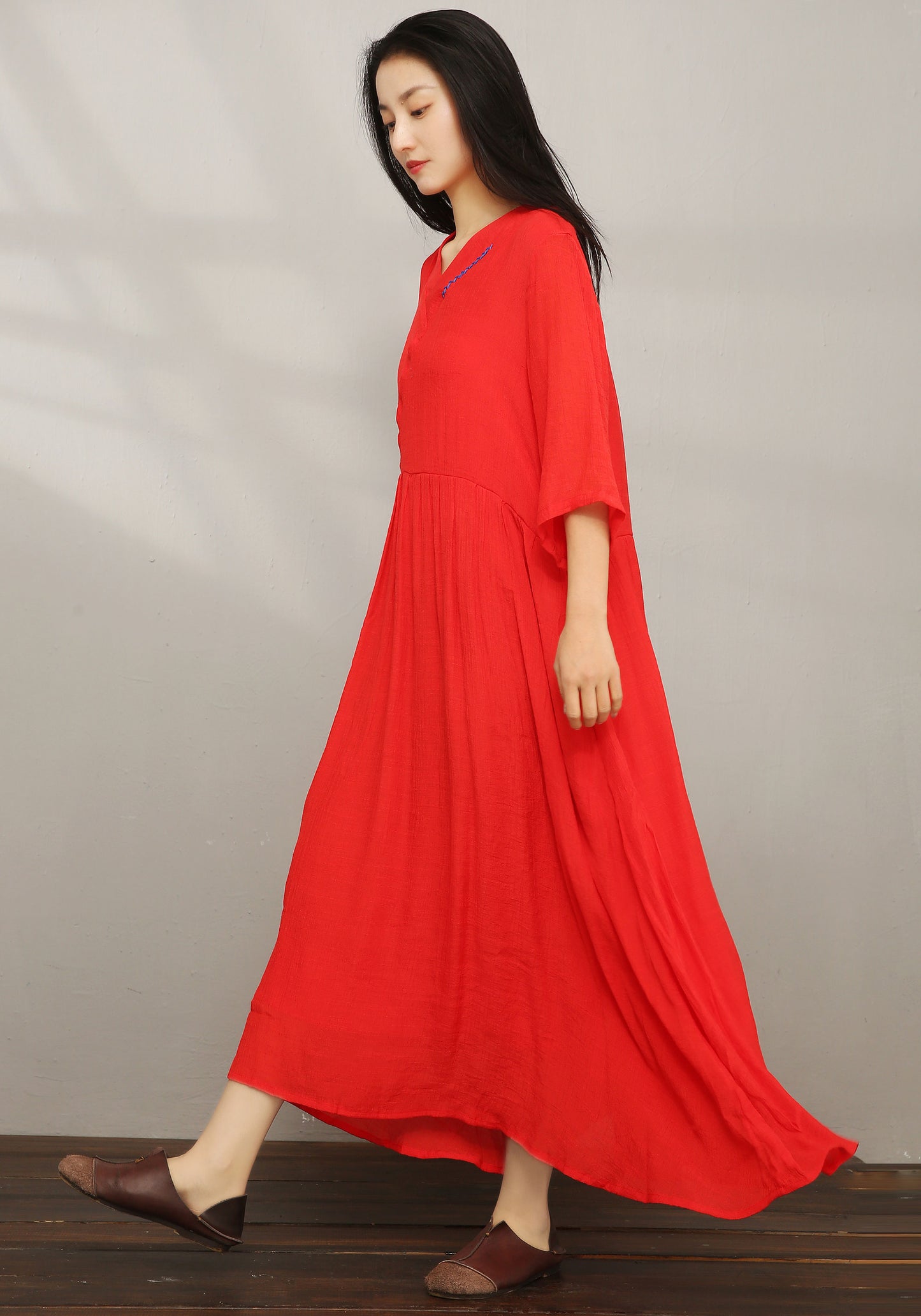 Red Vintage inspired Loose Linen Dress C1977 #yy01608