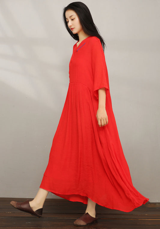 Red Vintage inspired Loose Linen Dress C1977 #yy01608