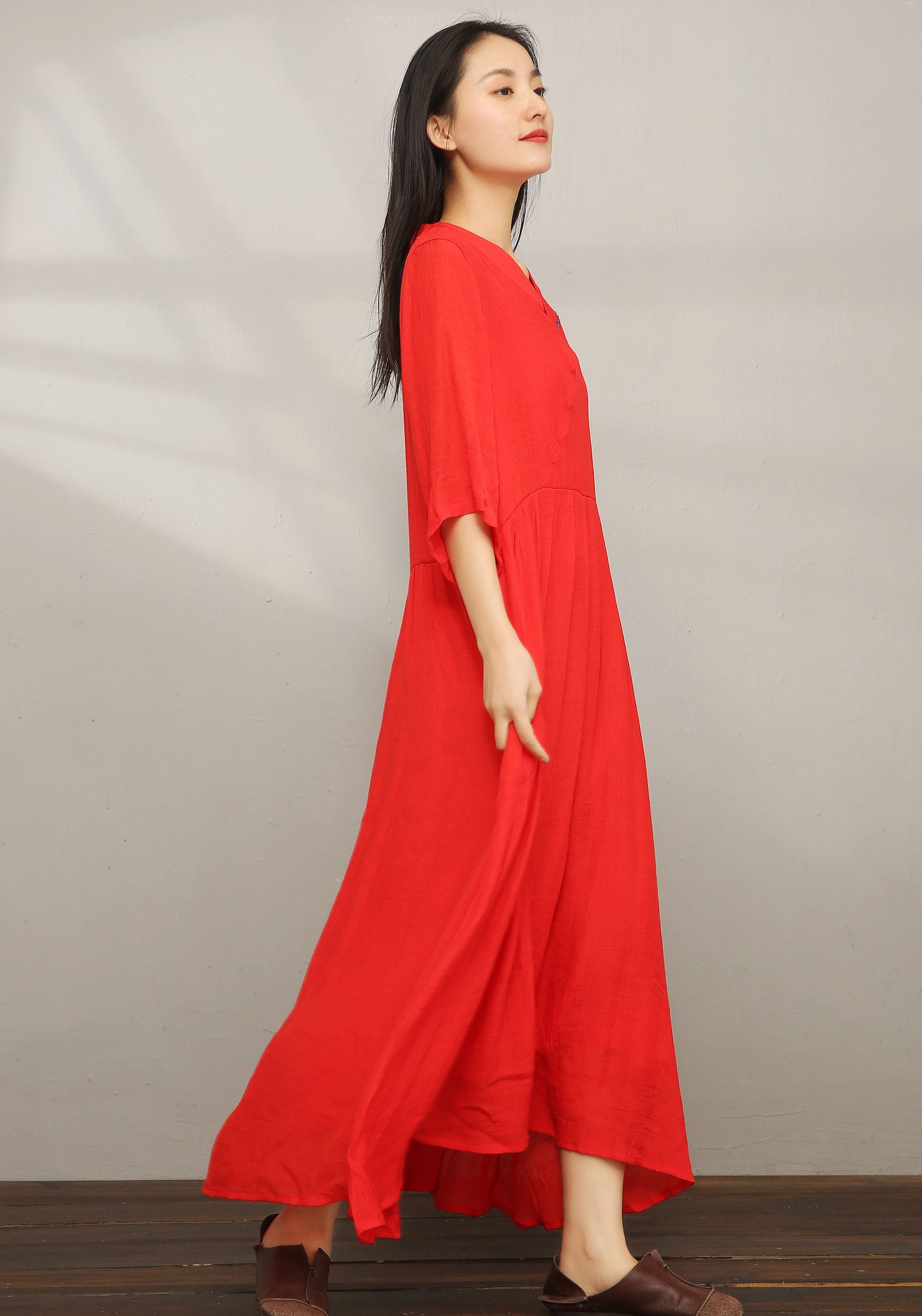 Red Vintage inspired Loose Linen Dress C1977 #yy01608