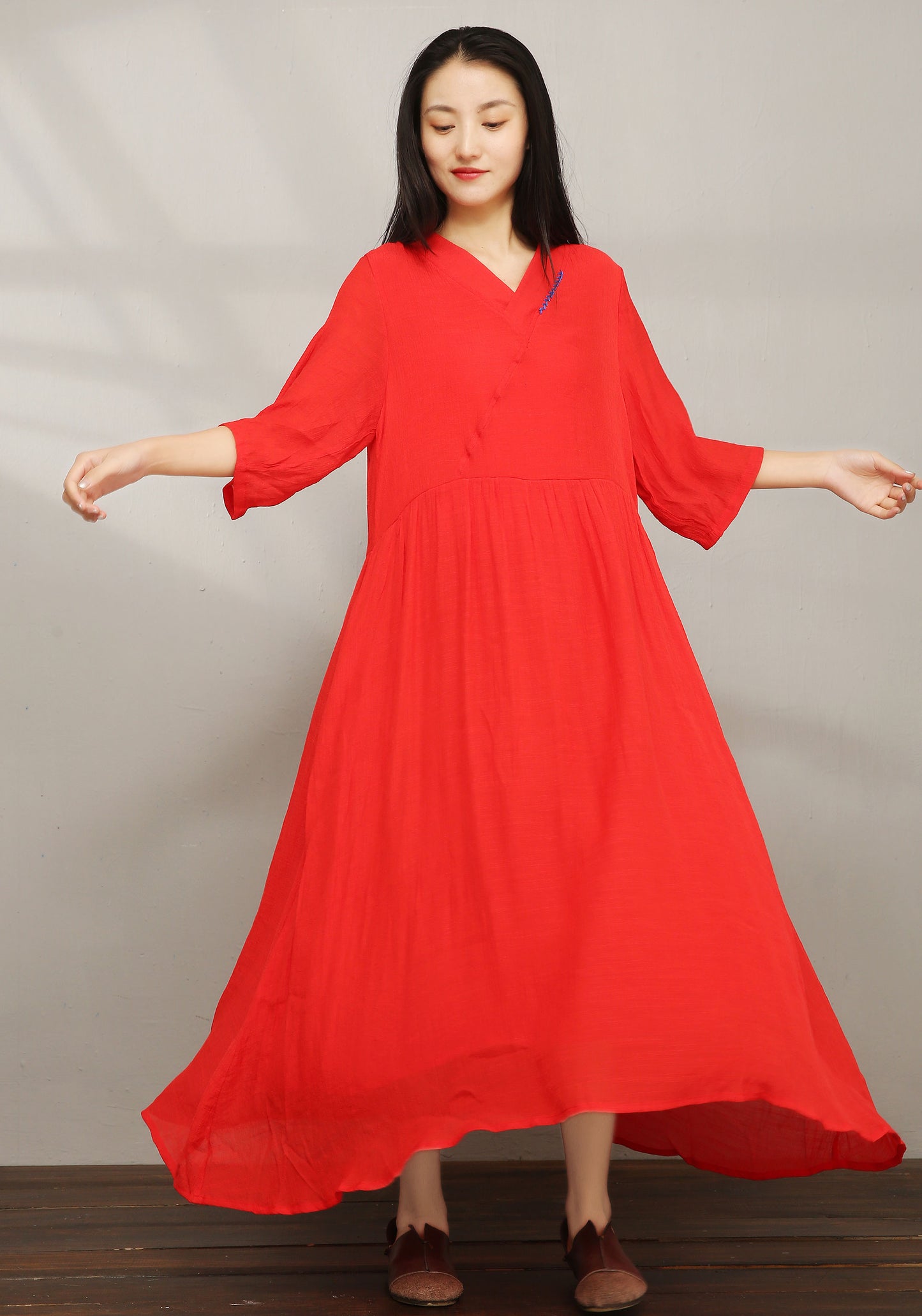Red Vintage inspired Loose Linen Dress C1977 #yy01608