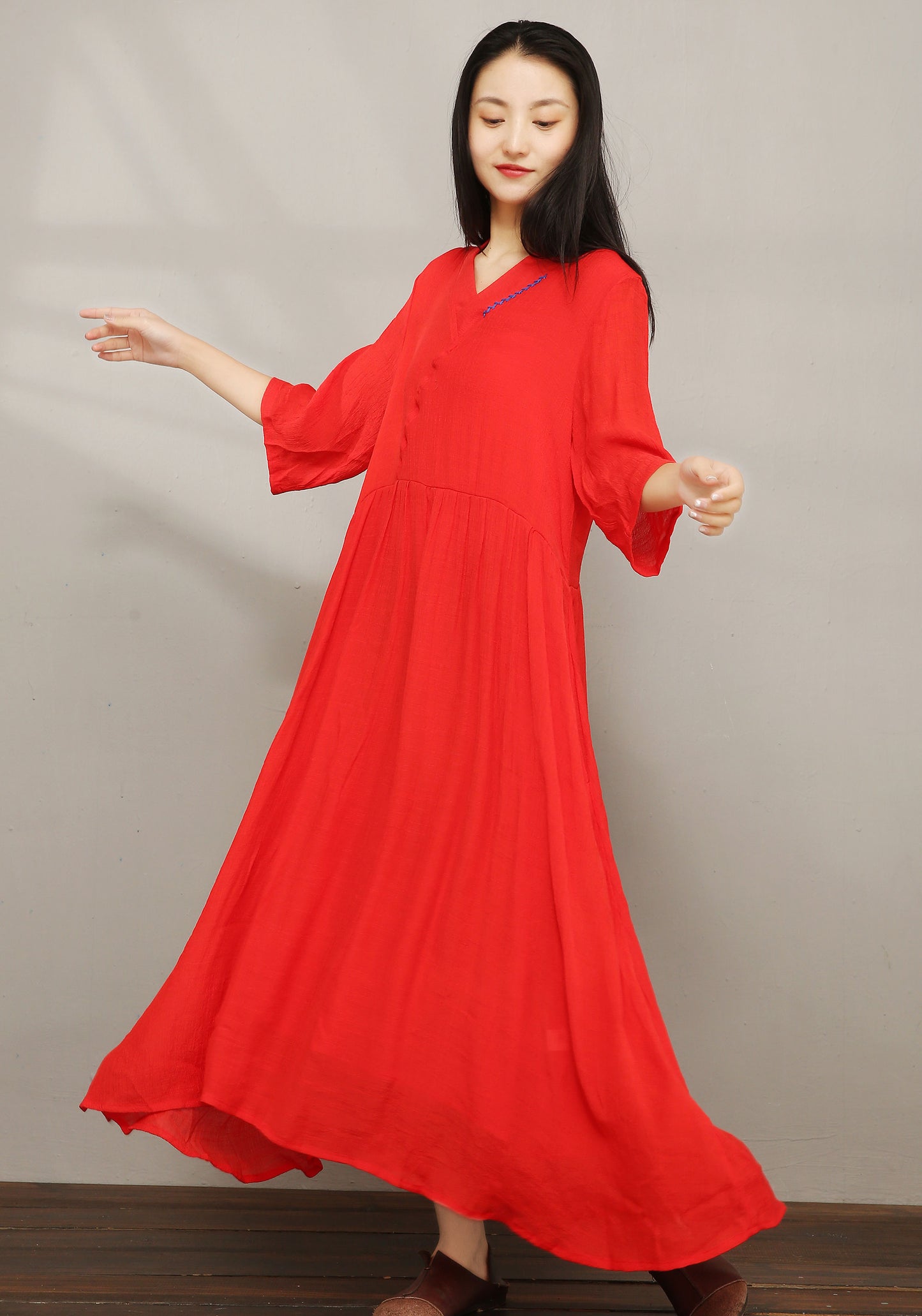 Red Vintage inspired Loose Linen Dress C1977 #yy01608