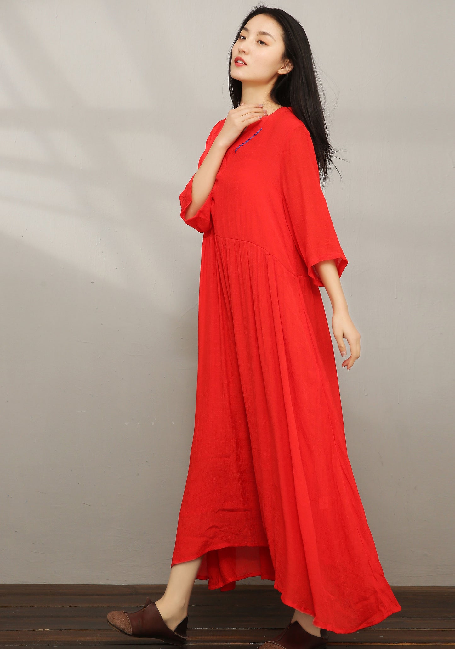 Red Vintage inspired Loose Linen Dress C1977 #yy01608