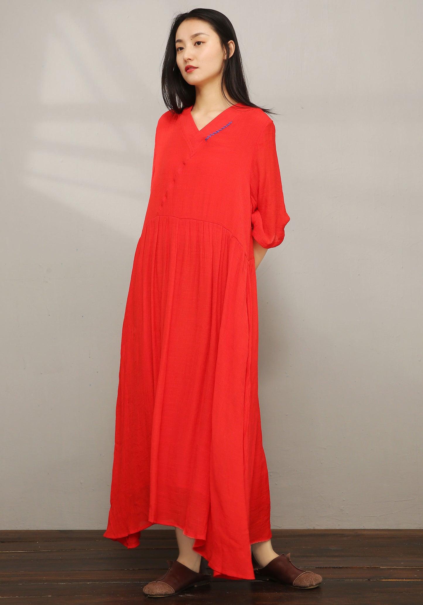 Red Vintage inspired Loose Linen Dress C1977 #yy01608
