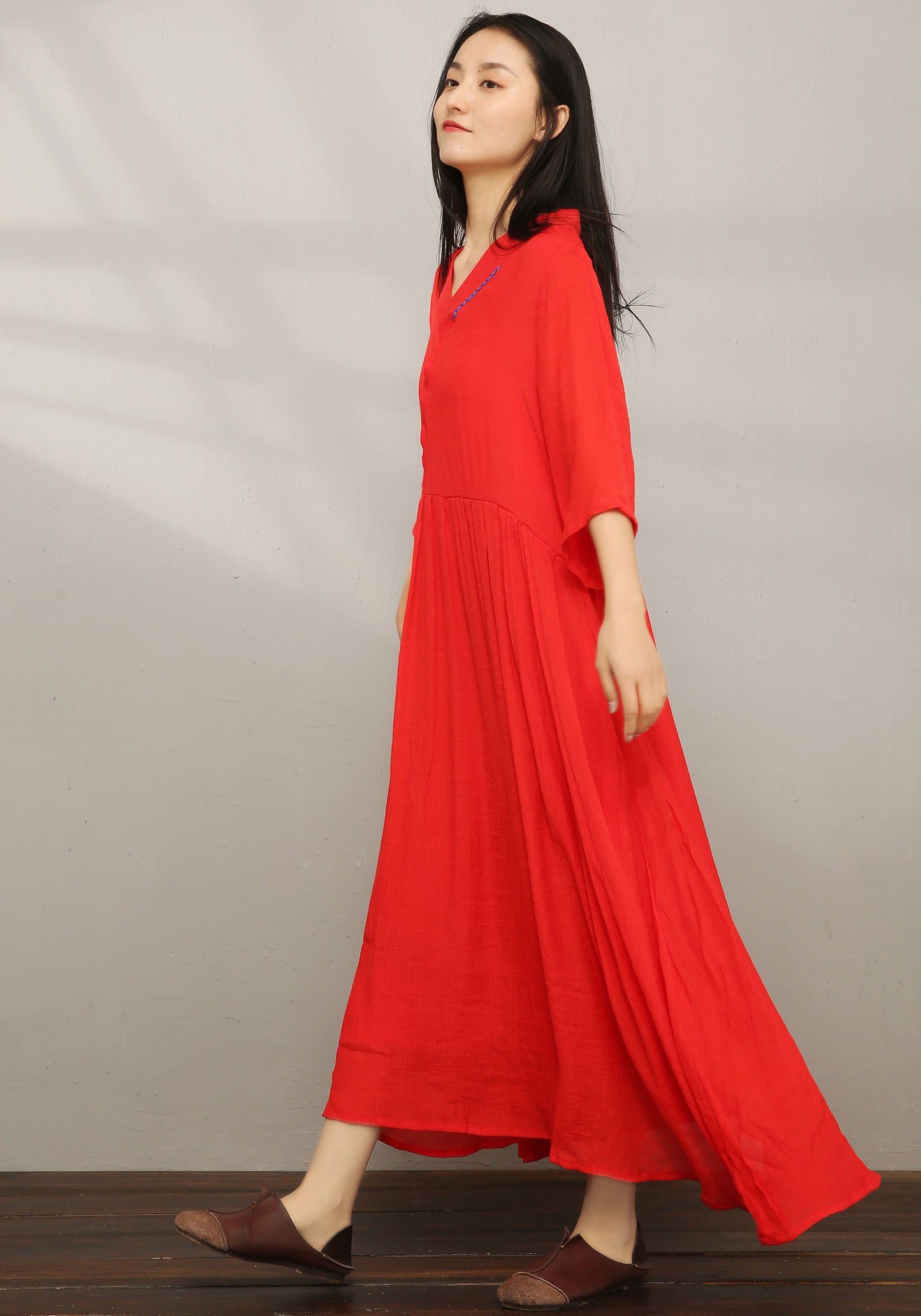 Red Vintage inspired Loose Linen Dress C1977 #yy01608