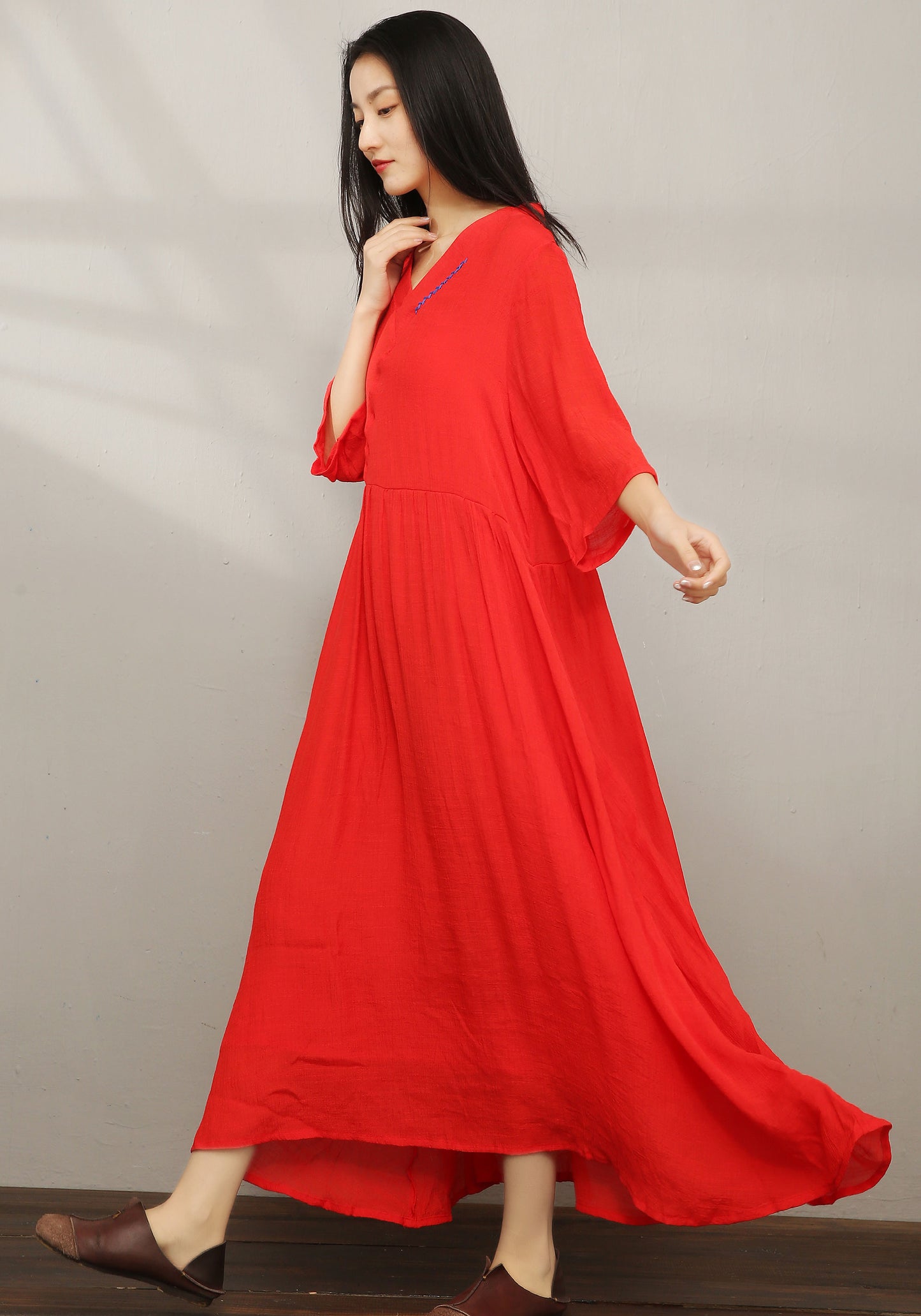 Red Vintage inspired Loose Linen Dress C1977 #yy01608