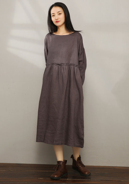 Charcoal Linen Cotton Maxi Dress - Loose Fit with Pleated Detail C1978