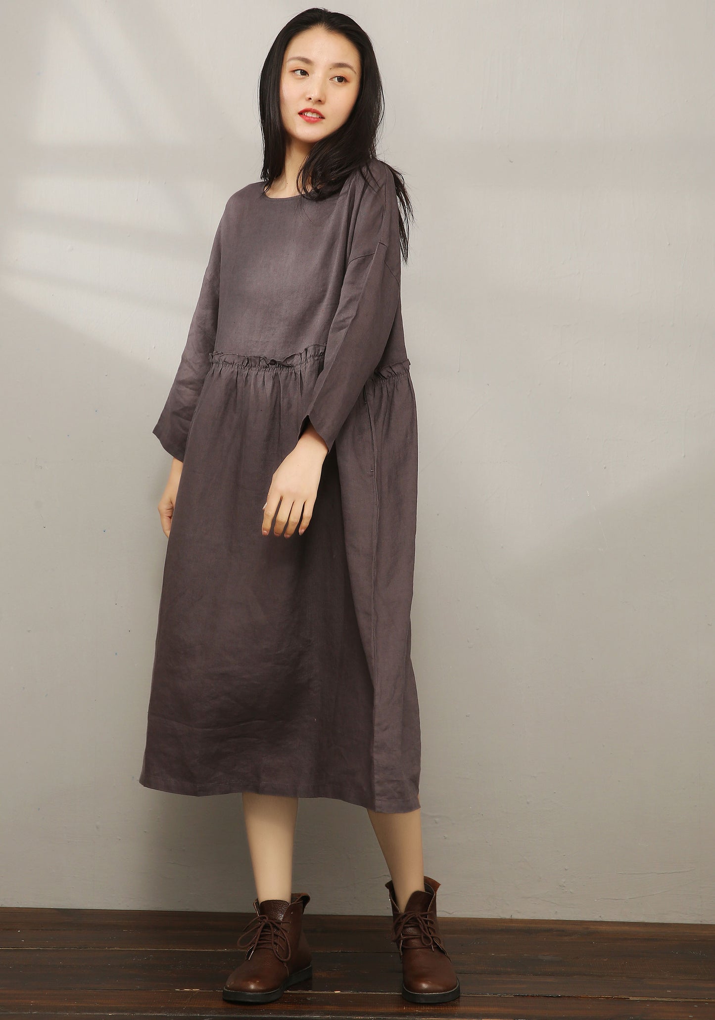 Loose Fit Maxi Pleated Linen Dress C1978