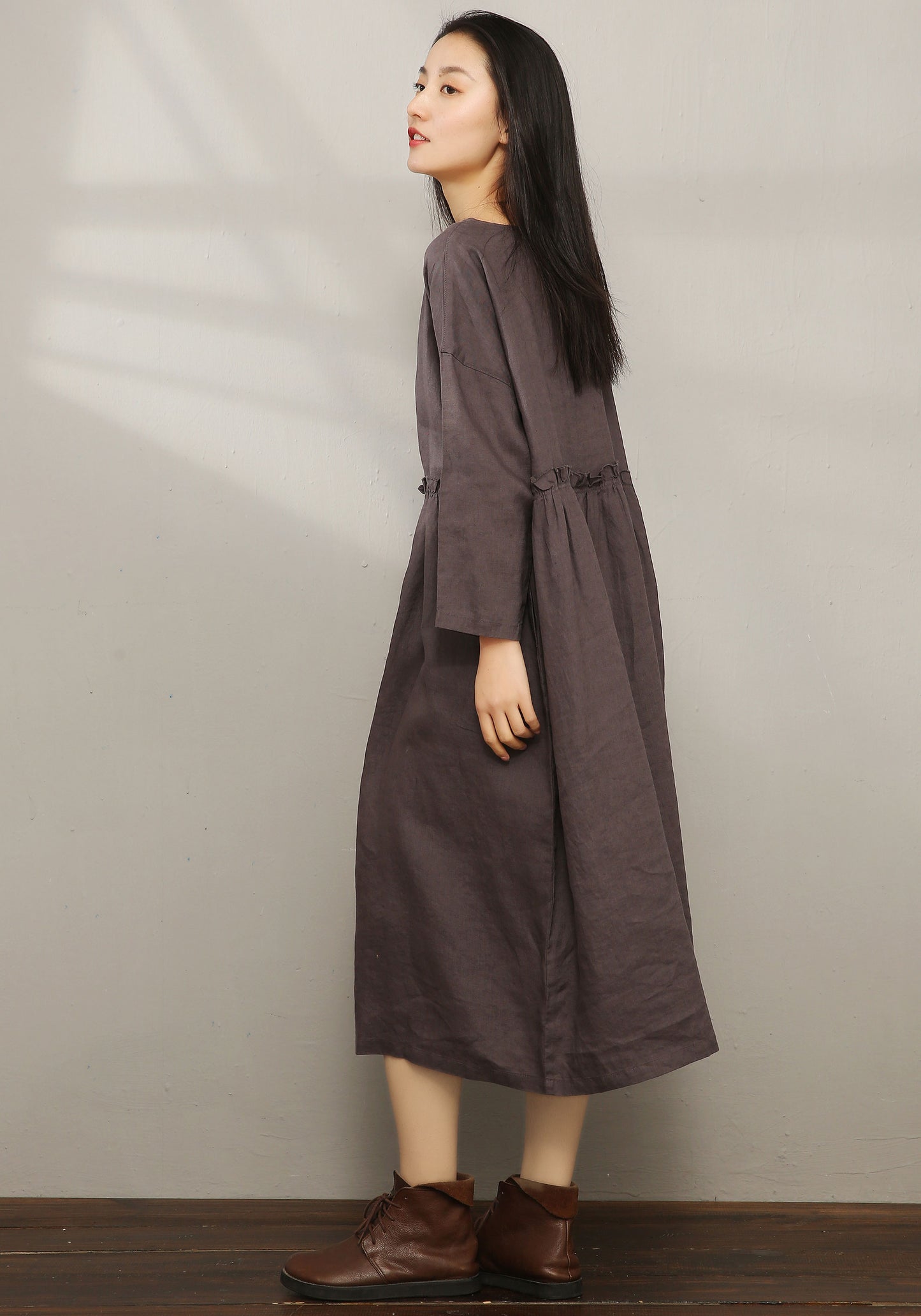 Loose Fit Maxi Pleated Linen Dress C1978