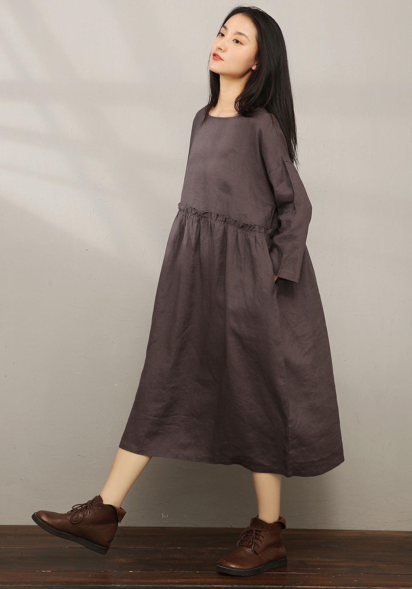 Loose Fit Maxi Pleated Linen Dress C1978