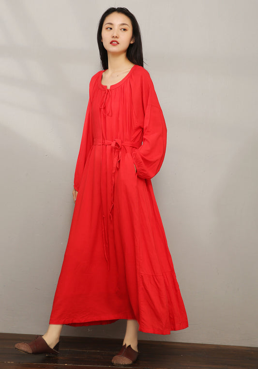 Red Cotton Linen Maxi Dress - Loose Fit with Side Pockets C1979