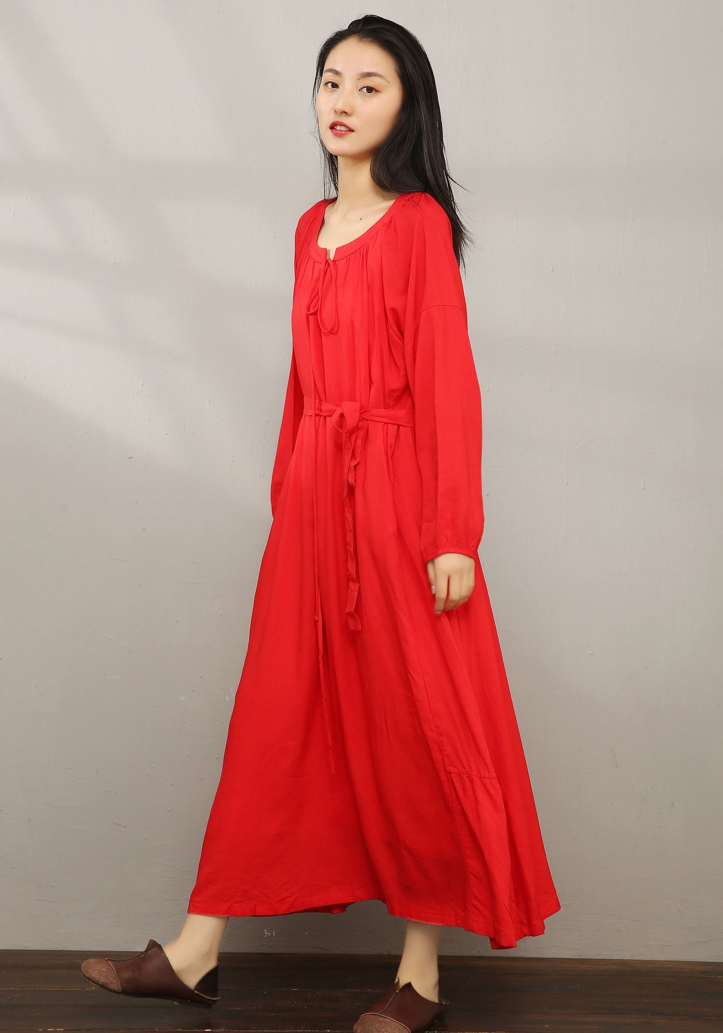 Red Loose Maxi Cotton Linen Dress C1979