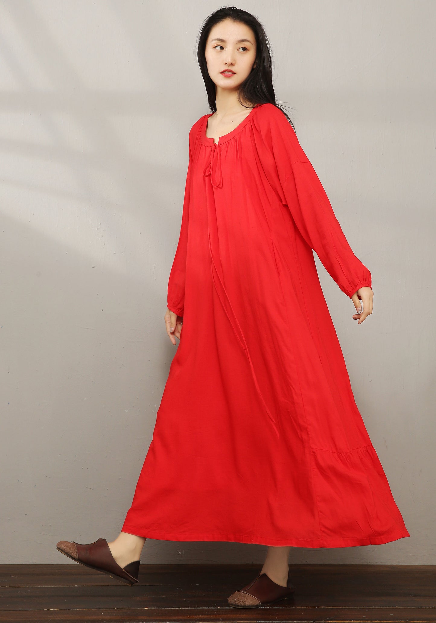Red Loose Maxi Cotton Linen Dress C1979