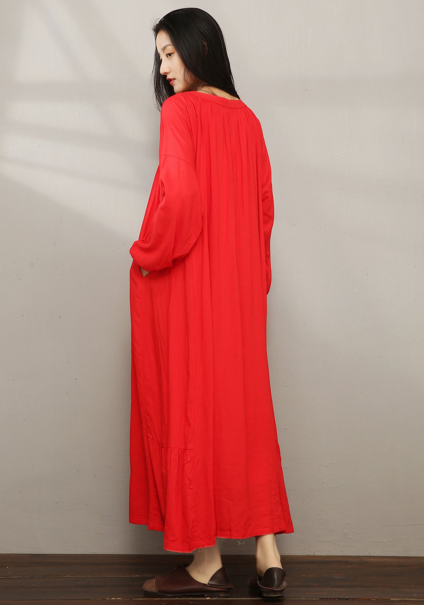 Red Loose Maxi Cotton Linen Dress C1979