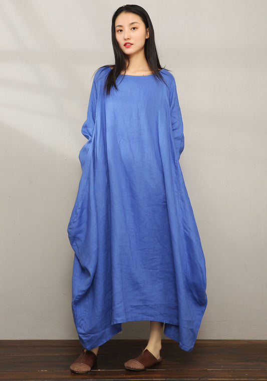 Blue Linen Cotton Blend Maxi Dress - Asymmetrical Hem, Loose Fit C1980