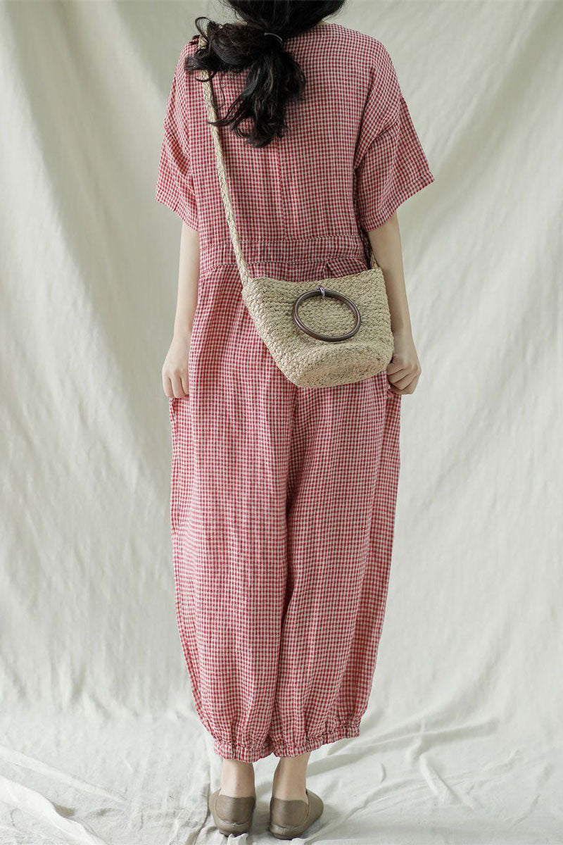 Casual Red Plaid Cotton Linen Jumpsuits C2377