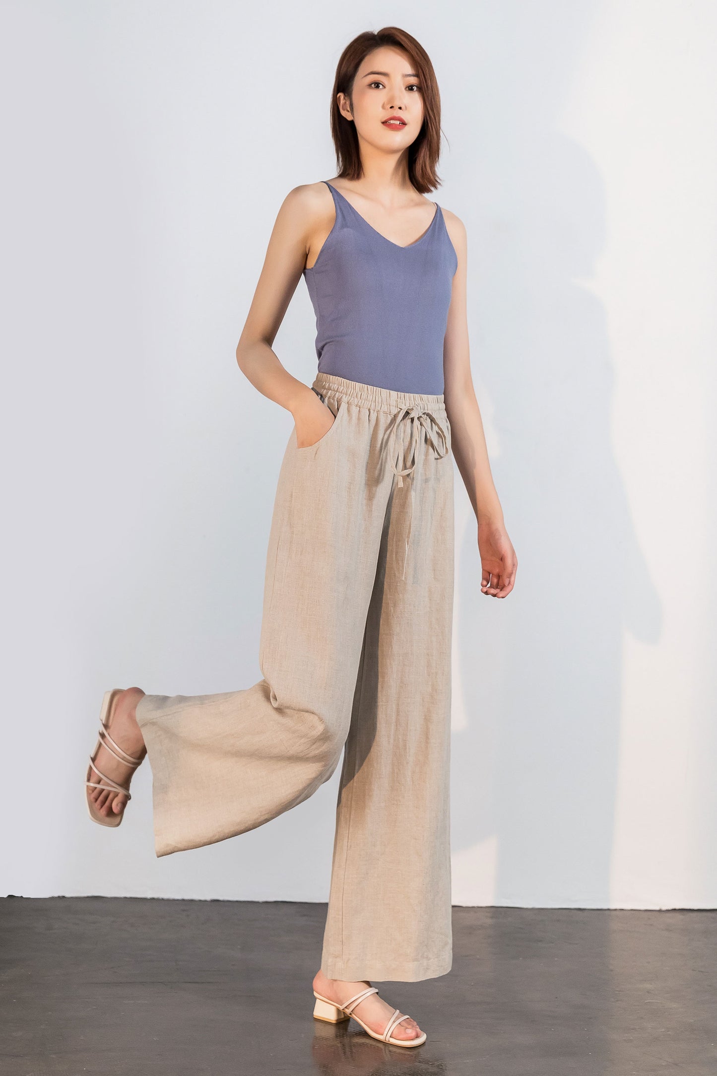 Elastc waist high wasit linen pants C1751