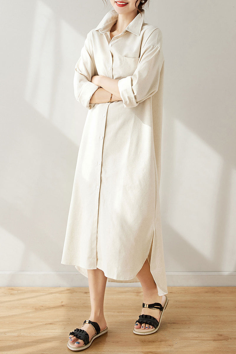 Spring Long Linen Shirt Dress C3174