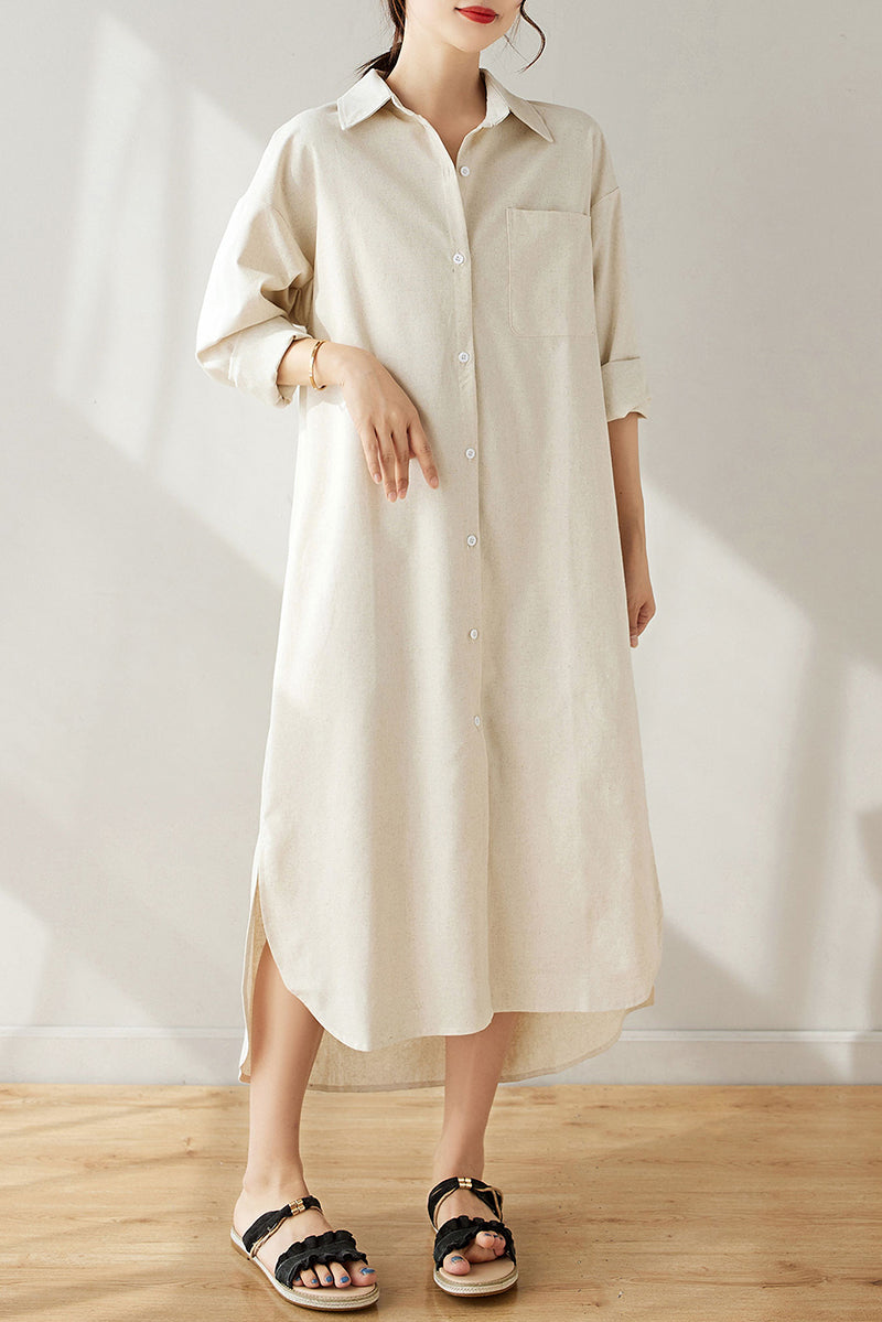 Spring Long Linen Shirt Dress C3174