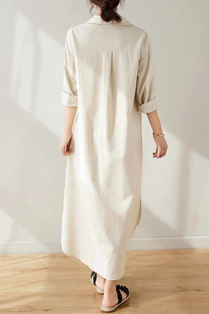 Spring Long Linen Shirt Dress C3174