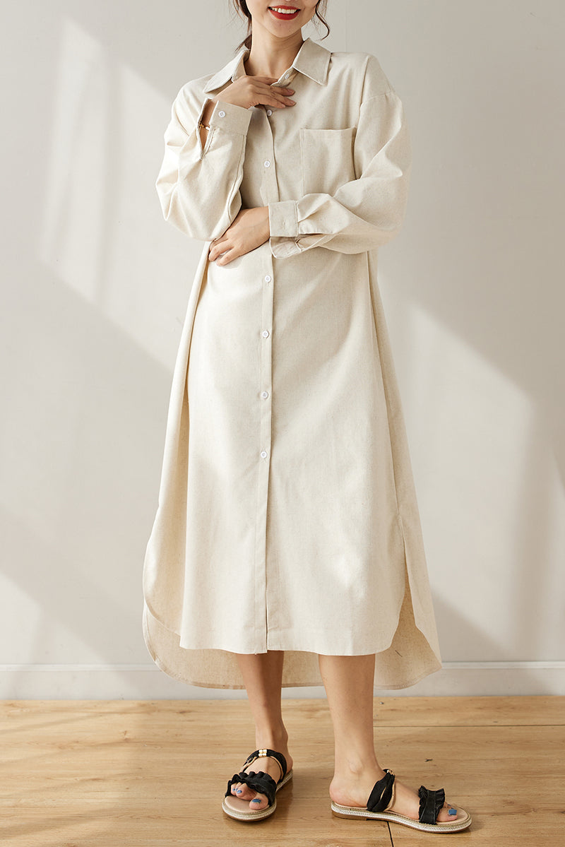 Spring Long Linen Shirt Dress C3174