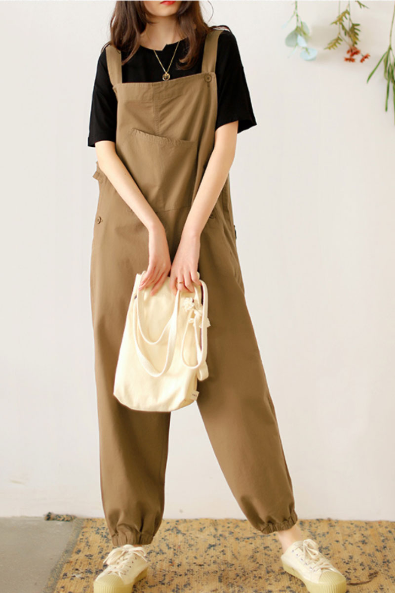 Casual Cotton Jumpsuits in Khaki C2382