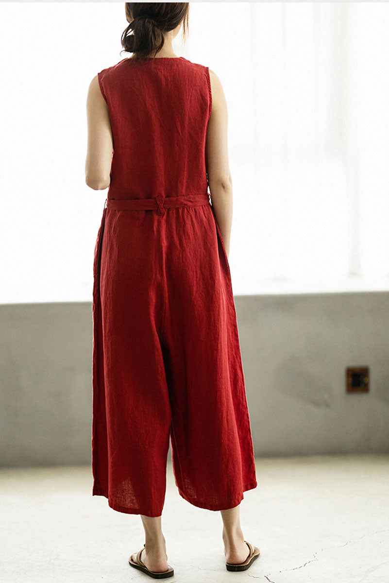 Deep V Neck Red Linen Jumpsuits C2394