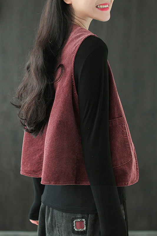 Red Wine Cotton Corduroy Vest - Button Front, Side Pockets C2444