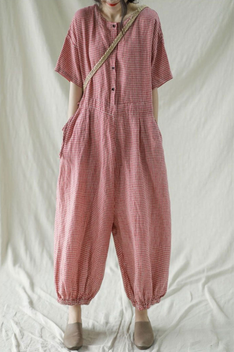 Casual Red Plaid Cotton Linen Jumpsuits C2377