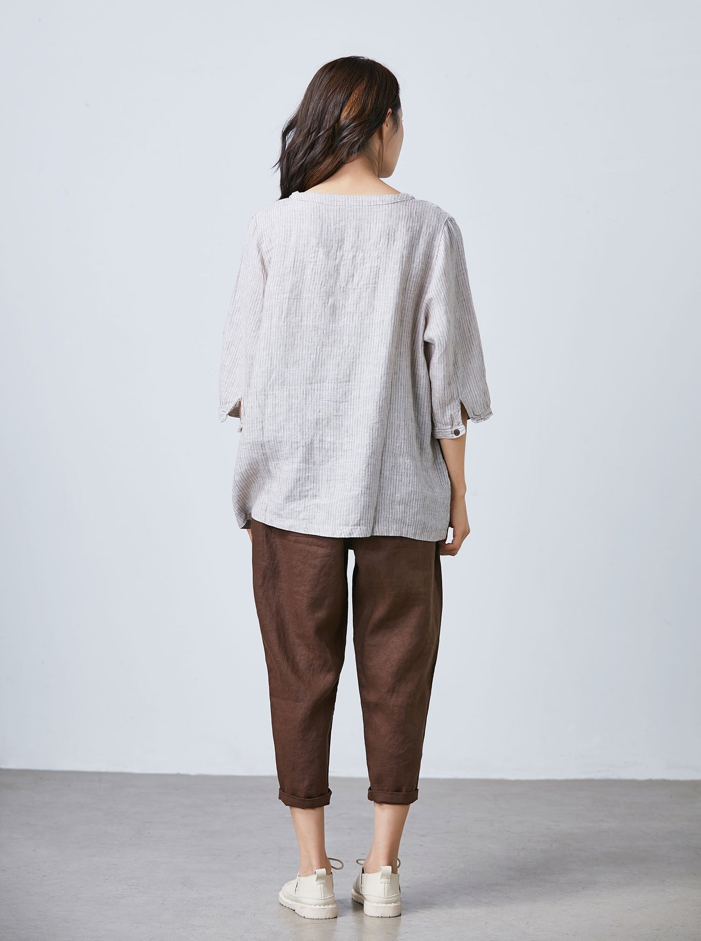 3/4 sleeve stripe linen blouse C1719