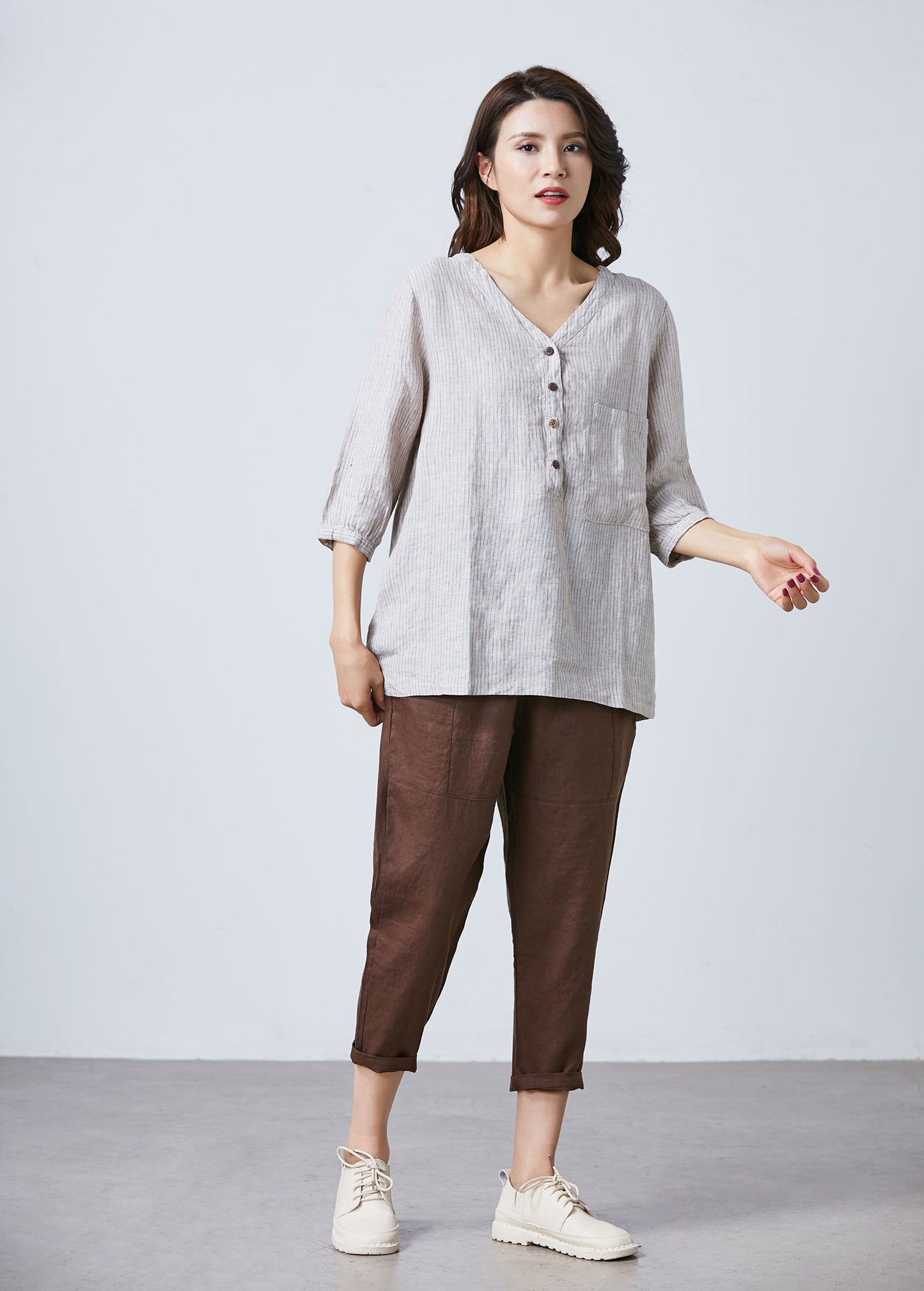 3/4 sleeve stripe linen blouse C1719
