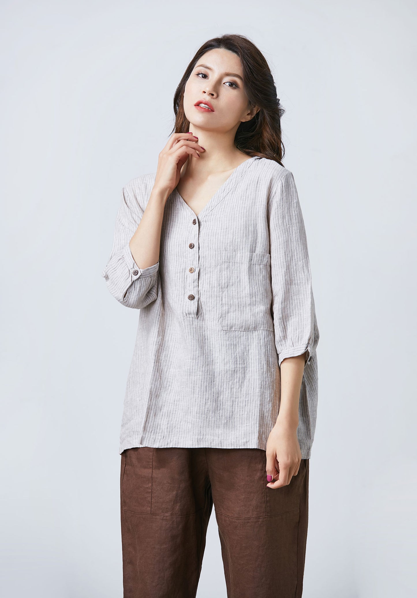 3/4 sleeve stripe linen blouse C1719