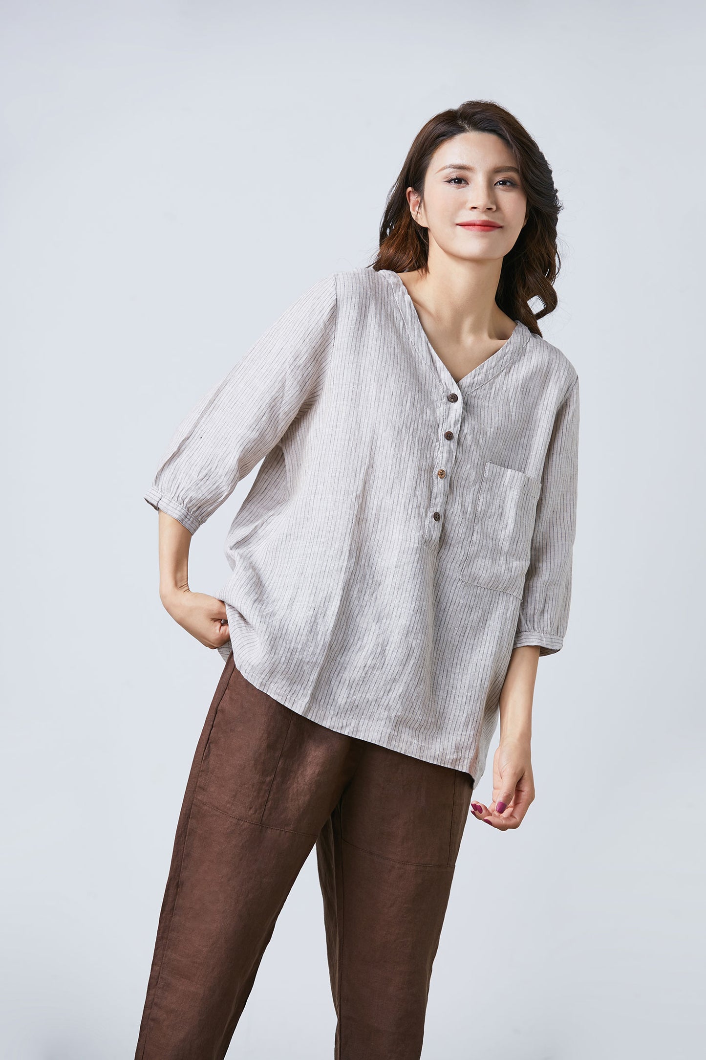 3/4 sleeve stripe linen blouse C1719