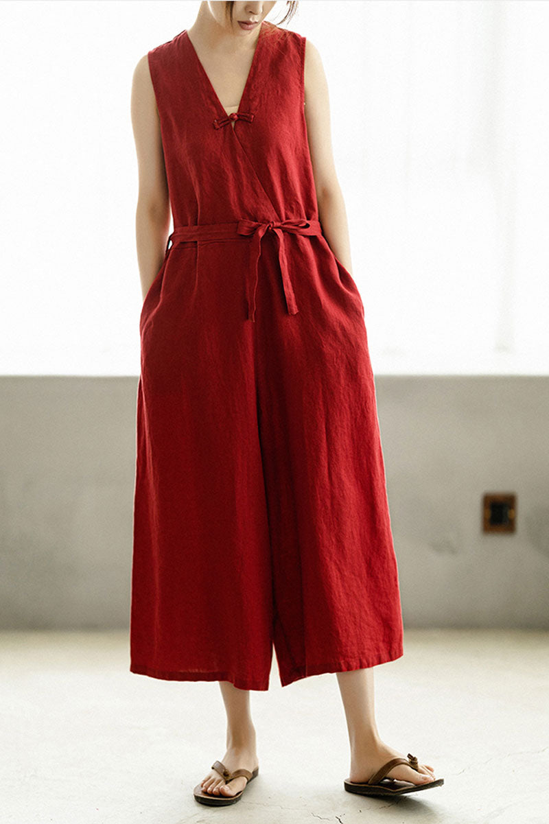 Deep V Neck Red Linen Jumpsuits C2394