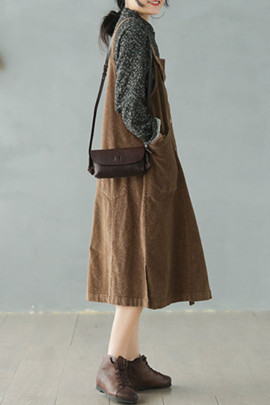 Brown Cotton Corduroy Strap Dress - Comfortable Medium Weight Fabric C2447