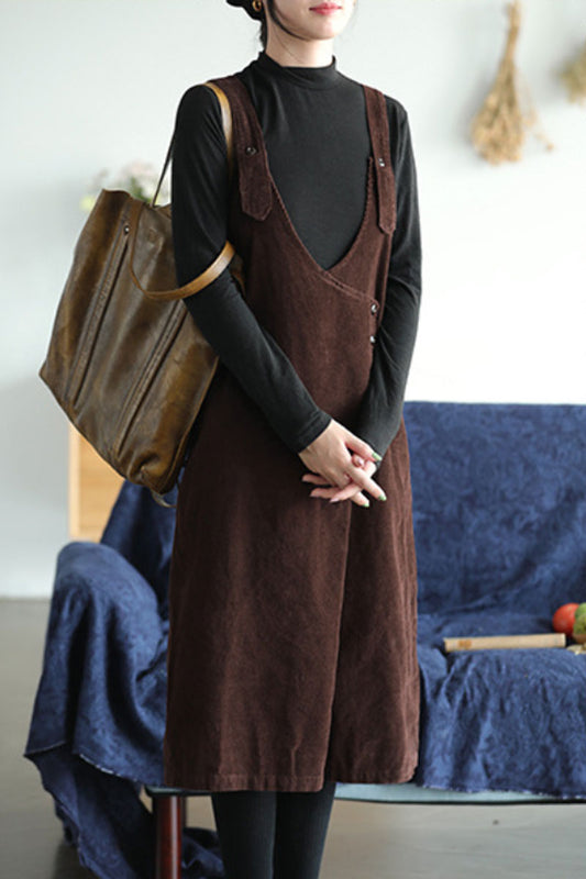 Coffee Cotton Corduroy Strap Dress - Medium Weight with Side Pockets C2446