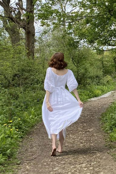 Puffy Sleeve White Linen Dress c2779