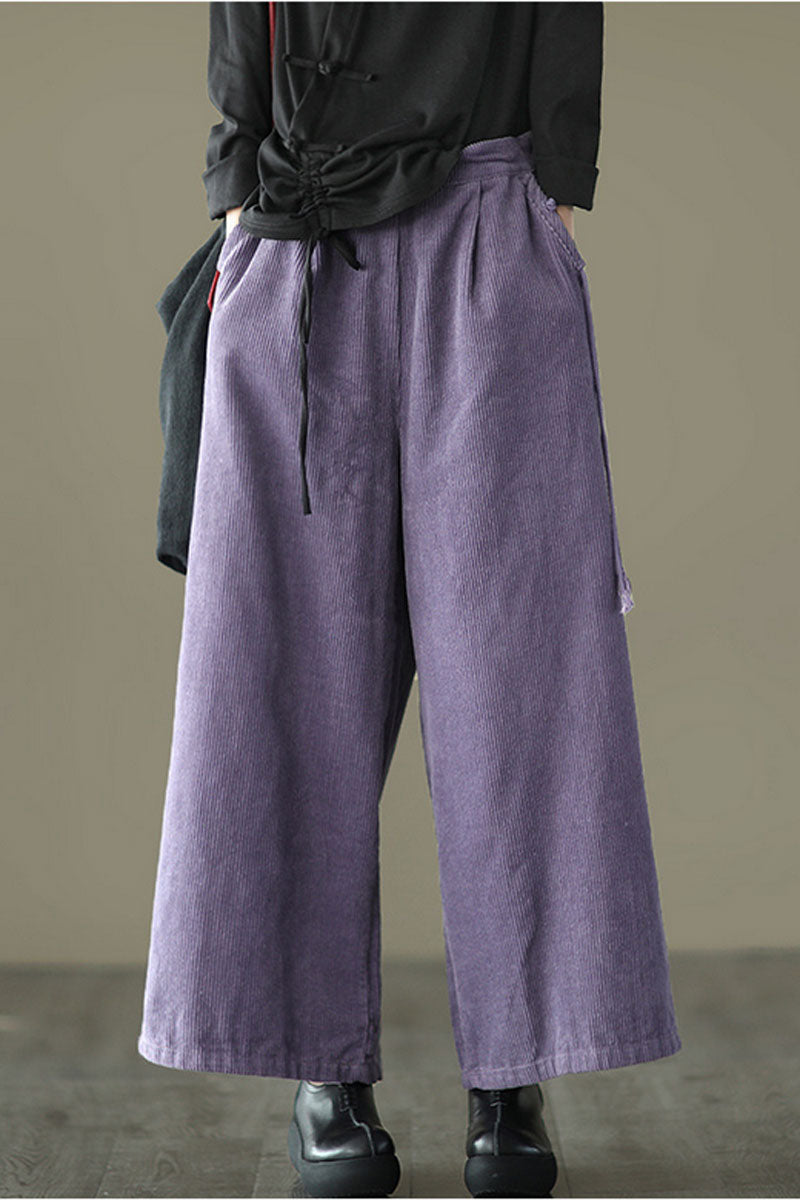 Purple Elastic Waist Wide Leg Corduroy Pants C2443