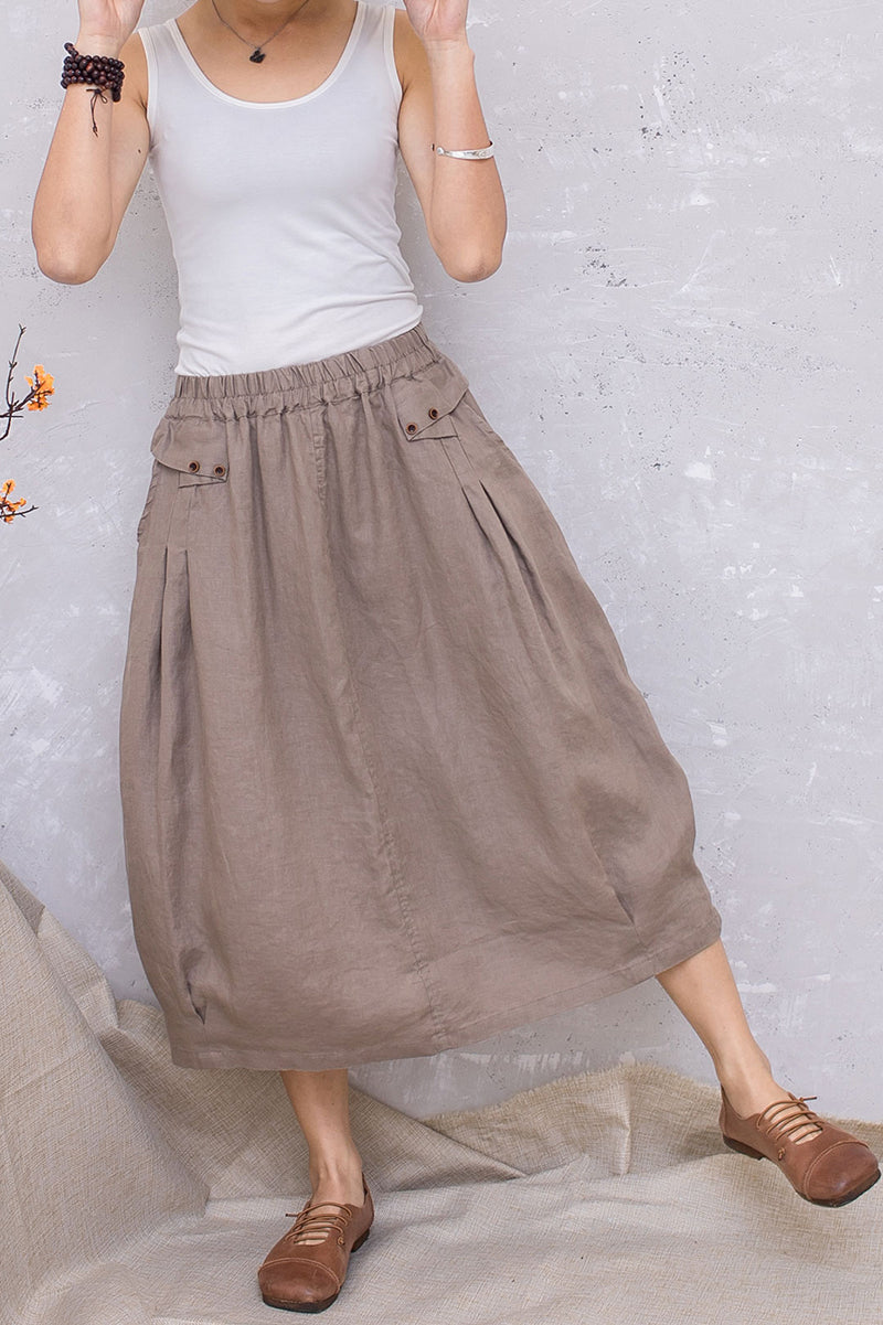 Elastic Waist Linen Midi Khaki Casual Skirt C2809#CK2201389