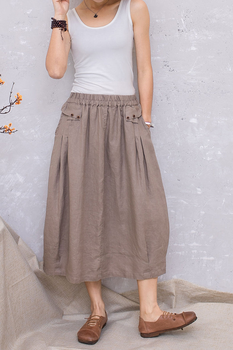 Elastic Waist Linen Midi Khaki Casual Skirt C2809#CK2201389