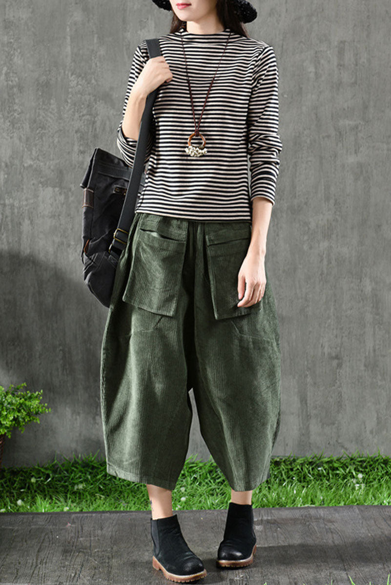 Green Elastic Waist Corduroy Pants C2441