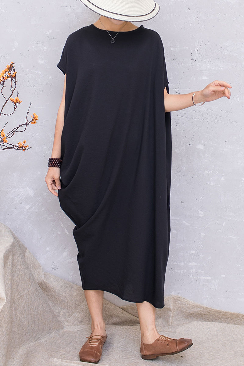 Black Linen Asymmetrical Batwing Sleeve Pullover Dress C2810 #CK2201392